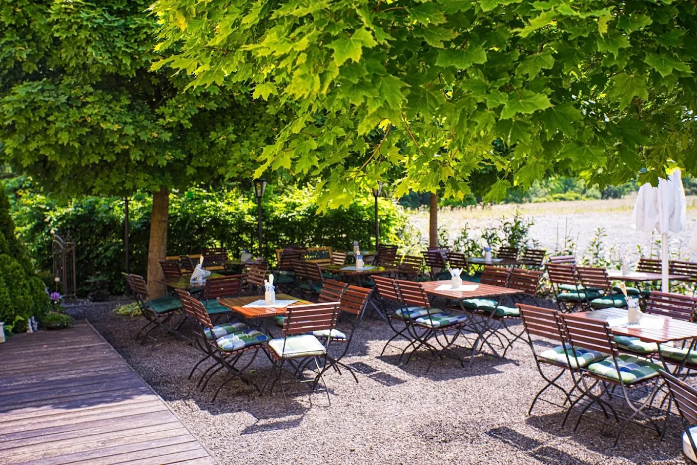 Sonniger Biergarten mit Holztischen und -stühlen unter großen Laubbäumen