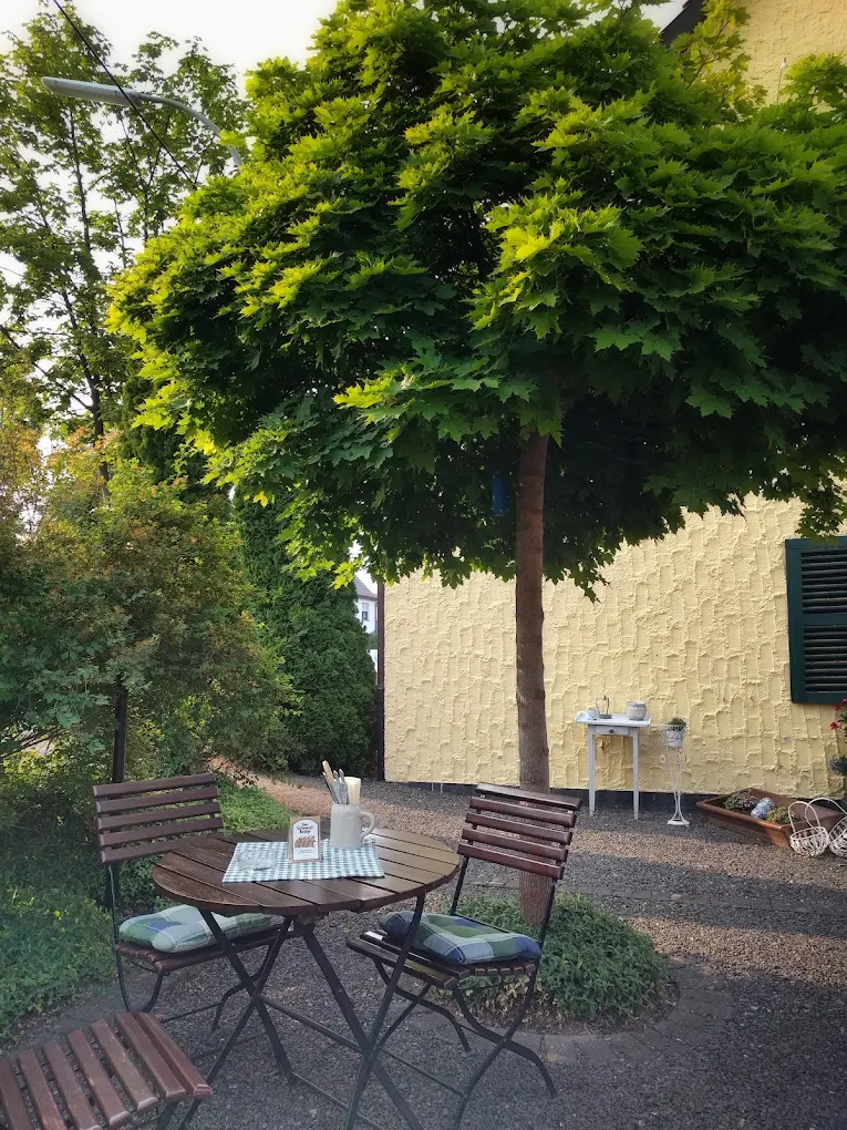 Kleiner runder Gartentisch mit zwei Holzstühlen unter einem großen Baum vor einer gelben Hauswand